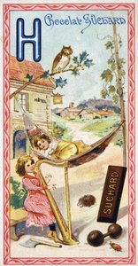 Letter H: hotel, uil, hangmat, harp, bijl, egel, hop, halters, chabbing, gehucht (uit Alphabet)