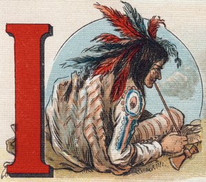 Letter I: Amerikaanse Indiaan. Gravure in "Alphabet de ma petite fille". Bernardin-Bechet en Fils, boekhandel-uitgevers, Parijs, rond 1895. Onbreekbaar album op canvas. Bibliotheek des Bebes. 12 pagina