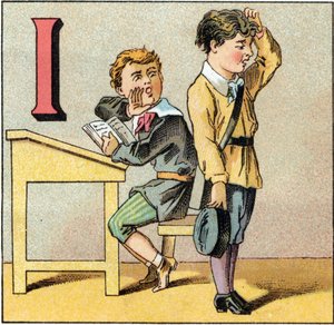 Letter I als onwetendheid. Een leerling die zijn les is vergeten en herhaalt wat een van zijn kameraden hem influistert. Gravure in "Alfabet van kleine scholieren". Beeldvorming van Epinal, circa 1885. Privécollectie