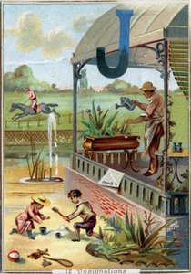Letter J: tuin; spel; speelgoed; jockey; tuinman; tuinman; verrekijker; straal; krant. Alfabet. In elk beeld zijn er een aantal illustere woorden waarvan de voorstellingen in scène zijn gezet. Chromolithografieën van Parijse Lithografie, circa 1890. Afm: 1