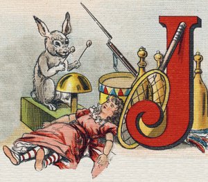 Letter J: speelgoed. Gravure in "Alphabet de ma petite fille". Bernardin-Bechet en Fils, boekhandel-uitgevers, Parijs, rond 1895. Onbreekbaar album op canvas. Bibliotheek des Bebes. 12 pagina