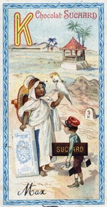 Letter K: Kabyle, kepi, kilogram, kakatoes, kiosk, kilometer. Gravure van het Alfabet uitgegeven door Chocolat Suchard, begin 20e eeuw. door Unbekannt