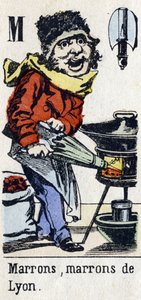 Letter M: "Bruin, Bruin van Lyon". Alfabet "Kinderplezier". Beeldvorming van Epinal, circa 1890. Populaire serie. Klein boekje van 8 pagina