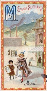 Letter M: berg, spiegel, machine, fabriek, jas, bedelaar, molen. Gravure van het Alfabet uitgegeven door Chocolat Suchard, begin 20e eeuw. 24 chromolithografieën die plaatsen, personages en objecten voorstellen om in het beeld te ontdekken door Unbekannt