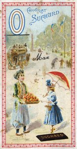 Letter O: omnibus, ottomaan, paraplu, oriflamme, sinaasappel, obelisk, beer. Gravure van het Alfabet uitgegeven door Chocolat Suchard, begin 20e eeuw. 24 chromolithografieën die plaatsen, personages en objecten voorstellen om in het beeld te ontdekken door Unbekannt