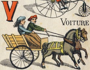 Letter V voor auto. Gravure in "ABC Toys". Epinal imaging in chromolithografie, circa 1890. door Unbekannt
