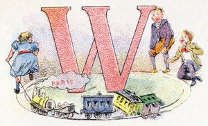 Letter W: Wagon. Alfabet van Phosphatine Falieres. Gravure. Brevete alfabet S.G.D.G. door apotheker Pierre Emile Falieres. Illustraties in chromolithografie, eind 19e eeuw.