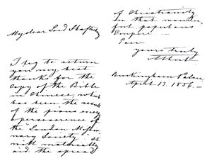 Brief van Albert, prins-gemaal, aan Anthony Ashley-Cooper, graaf van Shaftesbury, waarin hij hem bedankt voor een exemplaar van de Bijbel in het Chinees, geschreven vanuit Buckingham Palace