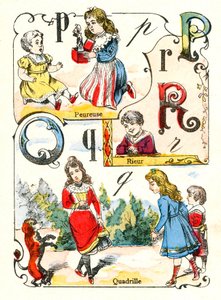 Letters P Q en R zoals angstig, lachen en quadrille. Gravure in "Leuk Alfabet". Beelden van Pont-a-Mousson. Druk en uitgave Louis Vagne, eind 19e eeuw.