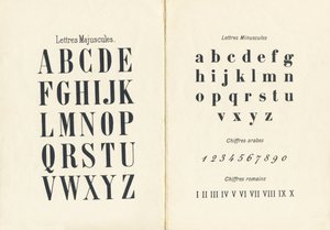 Hoofdletters, kleine letters, Arabische en Romeinse cijfers - Gravure uit ABCD des petites filles, Pellerin & Cie, Epinal, circa 1890 door Unbekannt