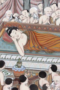 Leven van Boeddha. Na 45 jaar het Dharma onderwezen te hebben, ging de Boeddha over in Parinirvana, Seoul, Zuid-Korea door Unbekannt