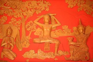Leven van de Boeddha. De Grote Tonsuur: de Boeddha knipt zijn haar met zijn zwaard. Phnom Penh Cambodja