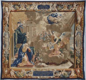 Leven van de Maagd: "De Annunciatie" We zien God en de duif van de Heilige Geest (Heilige Geest) boven de scène - Wol- en zijden tapijt gemaakt in de werkplaats van Pierre Damour naar tekeningen van Charles Poerson (1609-1667) door Unbekannt