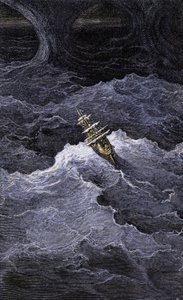 Literatuur: Boot in het midden van de zee. Illustratie van de roman door Samuel Taylor Coleridge (1772-1834) 