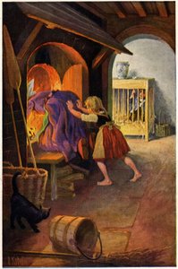 Literatuur. Sprookje. Hans en Grietje en de heks. Illustratie door Otto Kubel voor het sprookje van de Gebroeders Grimm. Ansichtkaart, Duitsland, ca. 1900