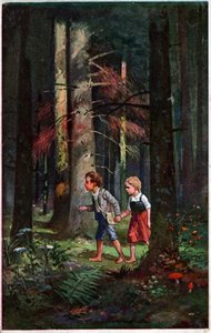 Literatuur. Sprookjes. Hans en Grietje verdwaald in het bos. Illustratie door Otto Kubel voor het sprookje van de Gebroeders Grimm. Ansichtkaart, Duitsland, ca. 1900.