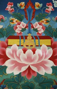 Lotusbloem, zwaard van kennis en heilige tekst. Kopan klooster, Kathmandu, Nepal door Unbekannt
