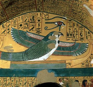 Luxor Thebe: Deir el Medineh, Necropolis van de ambachtslieden. De god Horus in een graf 18e Dynastie
