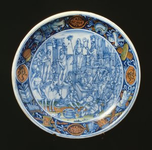 Majolica bord versierd met de allegorie van Diana, godin van de maan, Italiaans door Unbekannt