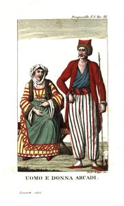 Man en vrouw van Arcadië, de Peloponnesos, Griekenland. Illustratie uit Francois Pouqueville