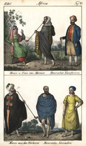 Man en vrouw uit Marokko, een Moorse koopman, boven, en een paar Marokkanen, een Moorse koopman en hieronder, een Berberman in een jas en een paar Moorse nomaden. Lithografie voor het boek: “Galerie complete en tableaux fideles des peuples d