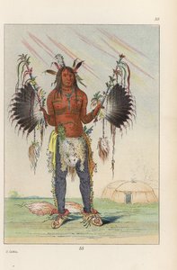 Mandan medicijnman Mah-to-he-hah, Oude Beer, geschilderd met verschillende kleuren, beervet en houtskool, met gevederde medicijnpijpen en vossenstaarten aan zijn hielen. Handgekleurde lithografie uit George Catlin