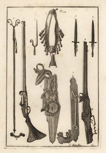Lontslot musket, slot en bajonet van de Tower of London 1-3, bajonet 4, musketrust en bajonet 5, musketrust 6, bandeliers en poederfles 7, radslot 8,9, en sleutel 10 door Unbekannt