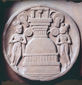Medallion met aanbidders, reliëf van Stupa van Bharhut, Boeddhistisch monument, Madhya Pradesh, India, Indiase Beschaving, 2e eeuw v.Chr.