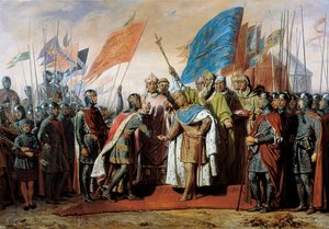 Ontmoeting tussen Filips II, koning van Frankrijk, en Hendrik II, koning van Engeland, te Gisors op 21 januari 1188 door Unbekannt
