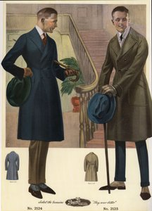 Mannenmode 1920 - Mannen in dubbelrijige jassen met wandelstokken en hoeden, dragend spats door Unbekannter Künstler