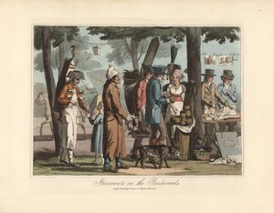 Rondreizende kooplieden op de boulevards, een verkoper van kruidenthee met zijn vat op zijn rug, een blinde man met zijn hond, een drager en een verkoper van prenten - Ets naar een illustratie van Victor Auver, uit 