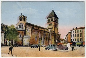 Midi Pyrenees, Haute-Garonne (31), Saint Gaudens (Saint-Gaudens): buitenaanzicht van de collegiale kerk van Sint Pieter en Sint Gaudens (Saint-Pierre en Saint-Gaudens) - Ansichtkaart gedateerd 1951 door William M. Timlin