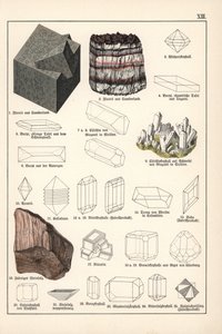 Mineralen en kristallen (fluoriet, celestien en vezelachtige edelsteen zout) - Chromolithografie van Mineralogie door Gustav Adolph Kengott (1818-1897), extract uit Natuurlijke Geschiedenis door Gotthilf Heinrich von Schubert (1780-1860) door Unbekannter Künstler