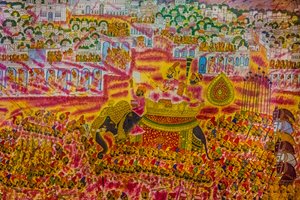Miniatuurschilderij uit het fort in Jodpur, Holi-festival, Mandawa, Rajasthan, India