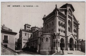 Monaco: buitenaanzicht van de Kathedraal Notre Dame Immaculee (Notre-Dame-Immaculee) - Ansichtkaart eind 19e-20e eeuw door William M. Timlin