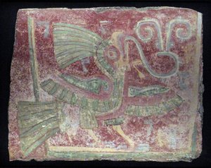 Muurschildering van een quetzal met zingende virgula, Vroege Klassieke periode door Unbekannt