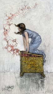 Mythen en legendes: Pandora te nieuwsgierig opent de doos ondanks het verbod en bevrijdt minder demonen uit de doos die alle kwalen van de mensheid bevat. Kleurgravure uit de 19e eeuw. door Unbekannter Künstler