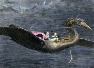 Mythen en legendes: De Rokh of Roc (reusachtige vogel uit de Arabisch-Perzische mythologie. Het komt voor in passages van Duizend-en-een-nacht). Kleurgravure uit de 19e eeuw door Unbekannter Künstler