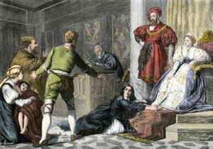 Mythen en legendes: de dochter van een Jood beschuldigd van hekserij in de Middeleeuwen. Kleurengraving uit de 19e eeuw. door Unbekannter Künstler