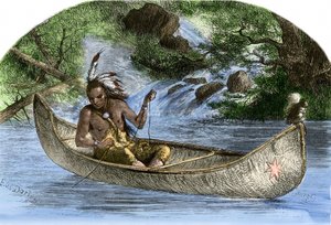 Inheemse bevolking van Amerika: Indianen. Hiawatha aan het vissen in een kano. Kleurgravure uit de 19e eeuw.