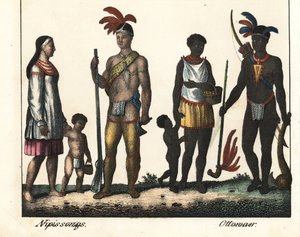 Inheems in Canada: een familie van Indianen van Lake Nipissing en een familie van Indianen uit het Ottawa-gebied. Lithografie voor het boek: “Galerie complete en tableaux fideles des peuples d