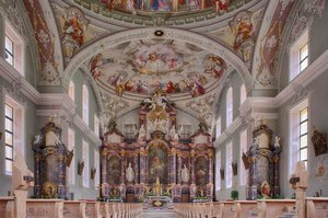 Schip, altaar, plafondschildering, interieurfoto, St. George Katholieke Parochiekerk, Neustift, Stubaital, Tirol, Oostenrijk, Europa door Unbekannter Künstler