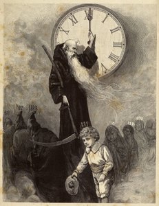 Nieuwjaarsallegorie 1889 die een oude gewelfde, symboliserend het oude jaar, toont die plaats maakt voor een glimlachende kleine jongen die het nieuwe jaar symboliseert. Tijd kijkt naar de scène door de wijzers van een klok te draaien. 19e-eeuwse gravure