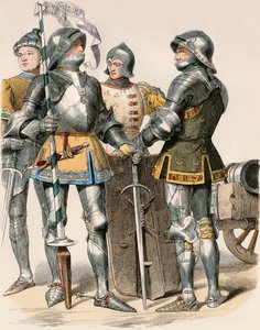 Edele ridders van het Hertogdom Bourgondië (Frankrijk), in harnas en wapen, met een kanon