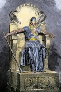 Noordse mythologie: voorstelling van de godheid Wotan (Odin). Kleurengraving uit de 19e eeuw.