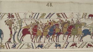 Normandische soldaten verlaten Hastings om te vechten met Harold, Bayeux Tapestry (wol borduurwerk op linnen)