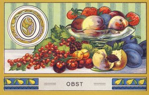 O: Fruit - Alphabet Palmin. Serie chromolithografieën uitgegeven door H. Schlinck & Cie, Hamburg. Reclame voor Palmin fijnste kokosvet. Afmetingen: 7 x 11 cm