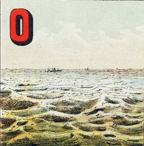O - Oceaan. Onmetelijke watermassa die de aarde omringt. Het water van de oceaan is zout; de mens kan het niet drinken - Gravure uit Alphabet geographique, Guerin-Muller et Cie, Parijs