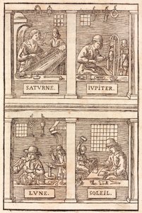 Edelsmeedkunst en alchemistische symbolen: Saturnus en lood, Jupiter en tin, de Maan en zilver, de Zon en goud door Unbekannt
