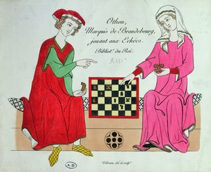 Otto IV, markies van Brandenburg, speelt schaak met een dame, illustratie uit een facsimile van de Manesse Codex of Grosse Heidelberger Liederhandschrift, gemaakt in Zürich ca. 1305-40
